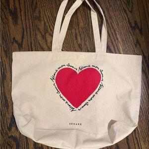 Sezane Cream and Red Heart Tote Bag